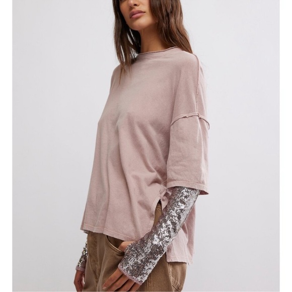 NWT FREE PEOPLE We The Free Mauve Nellie Sequin Twofer Top T Shirt SZ: S - Picture 4 of 9
